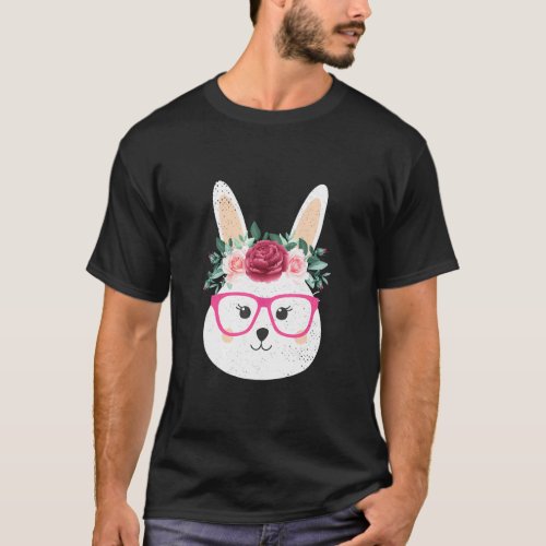 Adorable Girl Easter Bunny  Glasses And Flowers  T_Shirt