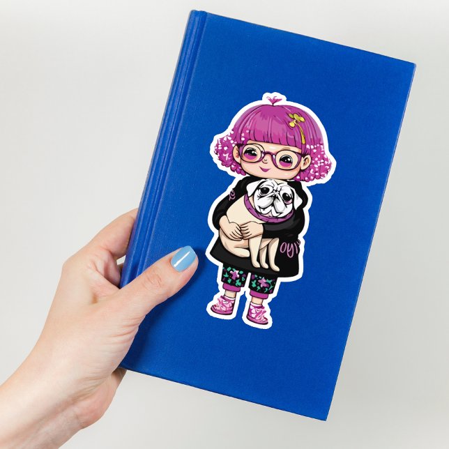 Adorable Girl Hugging a Pug Sticker (Creator Uploaded)