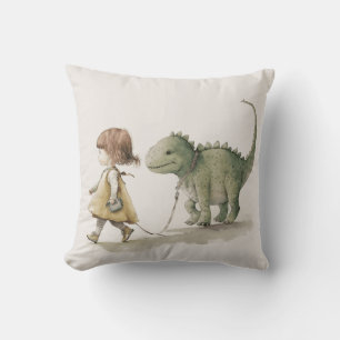 Adorable girl walking dinosaur throw pillow