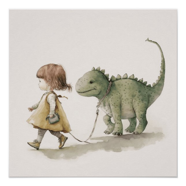 Adorable girl walking dinosaur wall art  (Front)