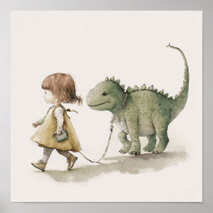 Adorable girl walking dinosaur wall art poster 