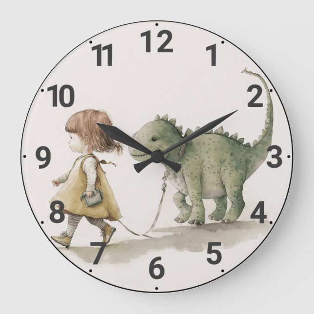 Adorable girl walking dinosaur wall clock (Front)