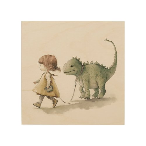 Adorable girl walking dinosaur wood wall art 