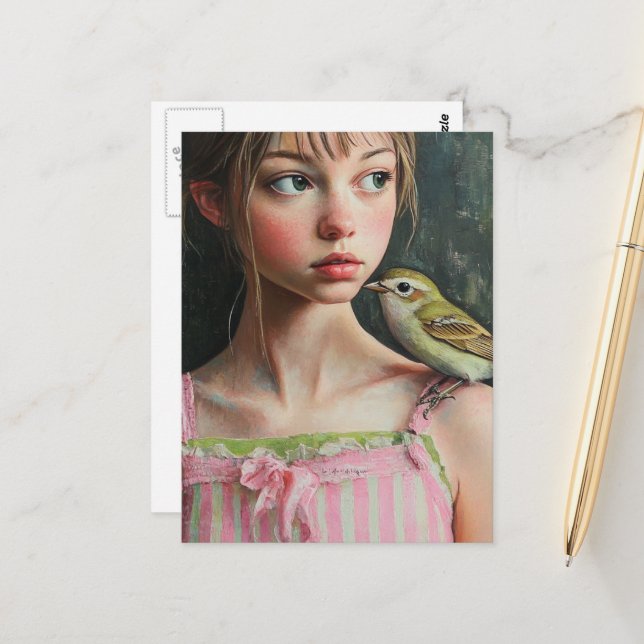 Adorable Girl with Cute Bird on Her Shoulder Postcard (Front/Back In Situ)