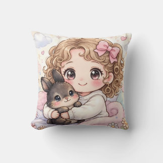 Adorable Girl with her Kawaii Bunny Throw Pillow