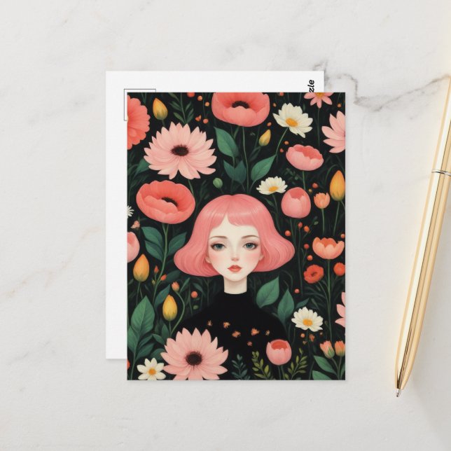 Adorable Girl With Pink Hair in the Flowers Postcard (Front/Back In Situ)