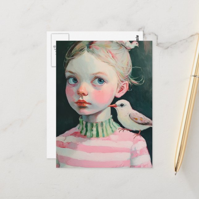 Adorable Girl with the Bird on Her Shoulder Postcard (Front/Back In Situ)