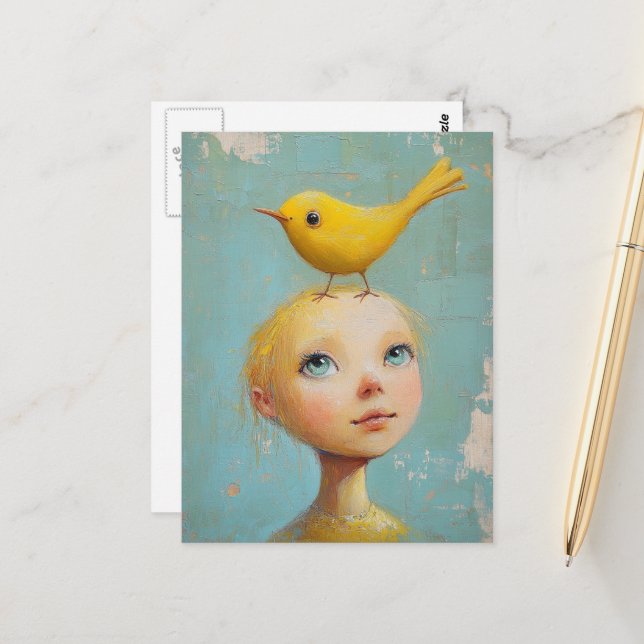 Adorable Girl with the Yellow Bird on Her Head Postcard (Front/Back In Situ)