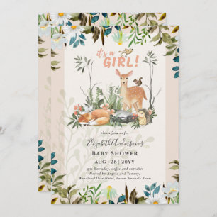 Adorable GIRLS Woodland Deer Baby Shower Coral Inv Invitation