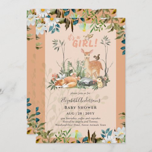 Adorable GIRLS Woodland Deer Baby Shower Coral Invitation