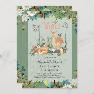 Adorable GIRLS Woodland Deer Baby Shower Green Inv Invitation