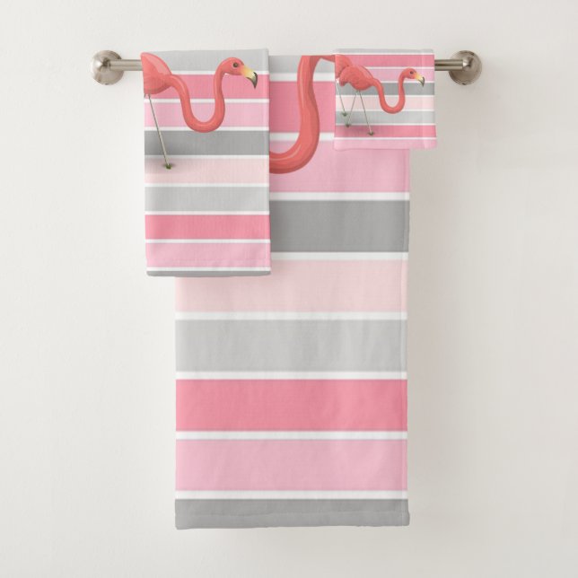 Adorable Girly Cute Flamingos, Stripes Bath Towel Set (Insitu)