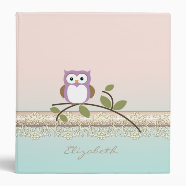 Adorable Girly Cute Owl,Personalized 3 Ring Binder (Front)