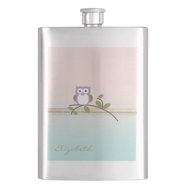 Adorable Girly Cute Owl,Personalized Hip Flask (Front)
