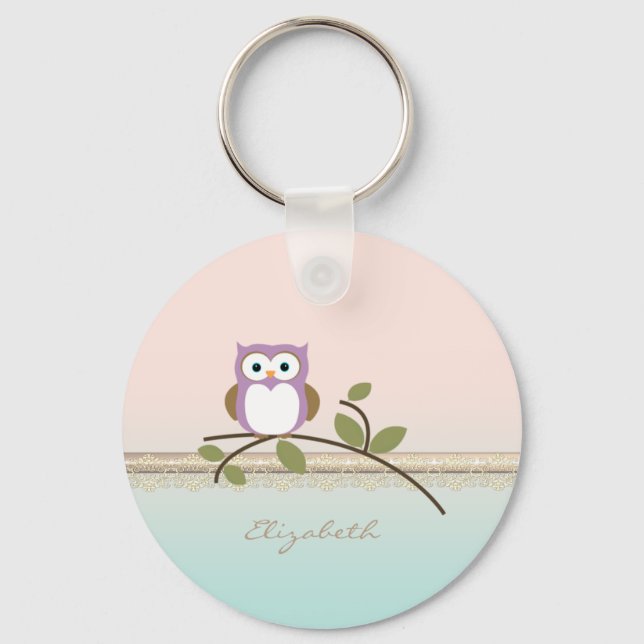 Adorable Girly Cute Owl,Personalized Keychain (Front)