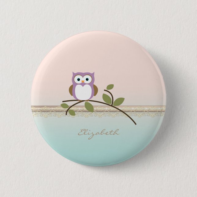 Adorable Girly Cute Owl,Personalized Pinback Button (Front)