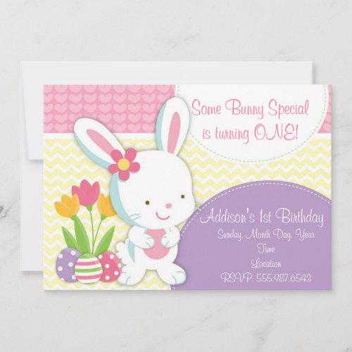 Adorable Girly Easter Bunny Birthday Invitation