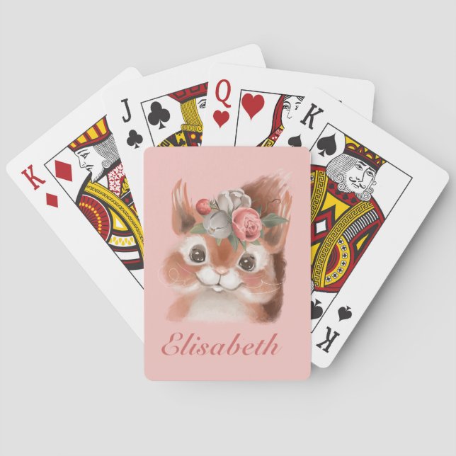 Adorable Girly Pink Floral Squirrel Poker Cards (Back)