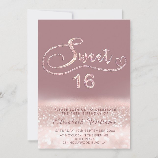 Adorable Glam rose gold glitter script ombre  Invi Invitation (Front)