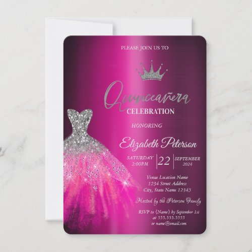 Adorable Glitter Dress Purple Metallic Quinceanera Invitation