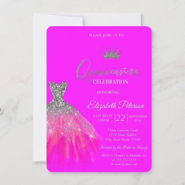 Adorable Glitter Dress Tiara Fuschia Quinceanera Invitation (Front)