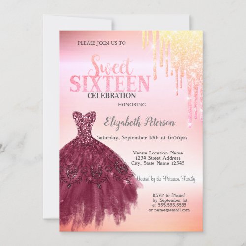 Adorable  Glitter DripsBurgundy Dress  Sweet 16 Invitation
