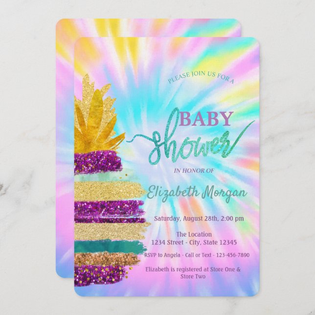 Adorable Glitter Pineapple Tie Dye Baby Shower Invitation (Front/Back)