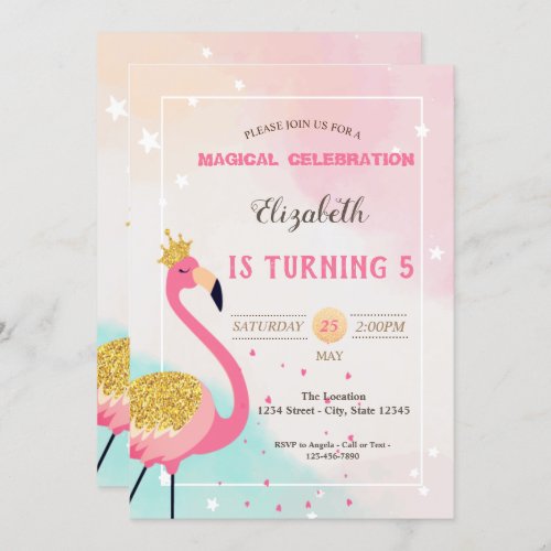 Adorable Glitter Pink Flamingo Birthday Invitation