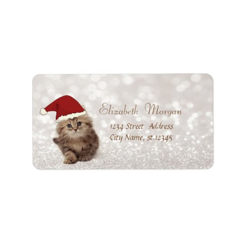 Adorable Glittery Bokeh  Cat With Santa Hat Label