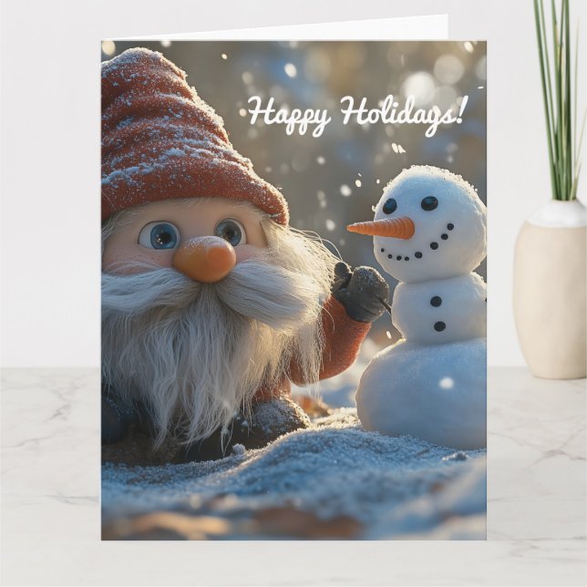 Adorable Gnome and Snowman in a Winter Wonderland Card (Front)