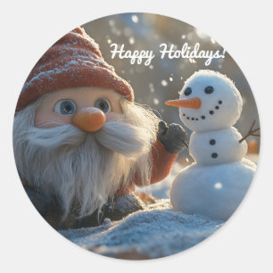 Adorable Gnome and Snowman in a Winter Wonderland Classic Round Sticker