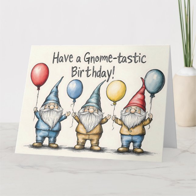 Adorable Gnome Birthday Illustration with Balloons Card (Front)