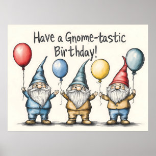 Adorable Gnome Birthday Illustration with Balloons Poster