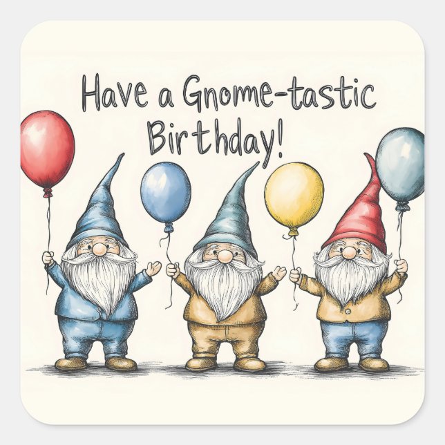 Adorable Gnome Birthday Illustration with Balloons Square Sticker (Front)