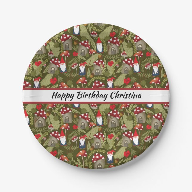 Adorable Gnomes and Mushrooms Personalized Paper Plates (Front)