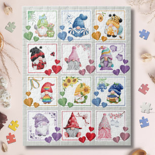 Adorable Gnomes Colorful Block Style Jigsaw Puzzle