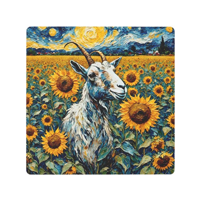 Adorable Goat in a Sunflower Field Metal Print (Front)