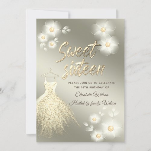 Adorable gold dress  pearl floral sweet sixteen invitation