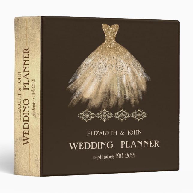 Adorable Gold Glitter Dress Bridal 3 Ring Binder (Front/Spine)