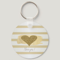 Adorable Gold Glitter Hearts Stripes-I Love You  Keychain