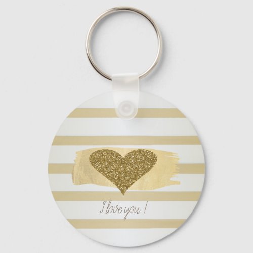 Adorable Gold Glitter Hearts Stripes_I Love You  Keychain