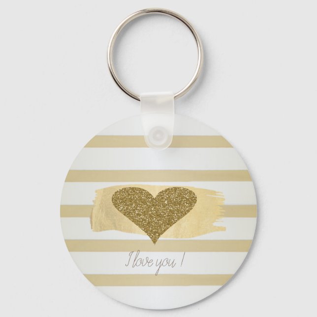 Adorable Gold Glitter Hearts Stripes-I Love You  Keychain (Front)