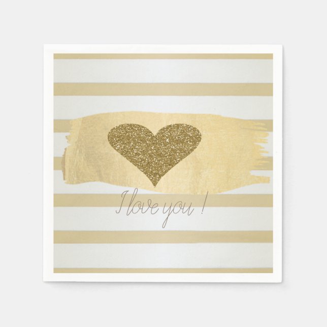 Adorable Gold Glitter Hearts Stripes-I Love You  Napkins (Front)