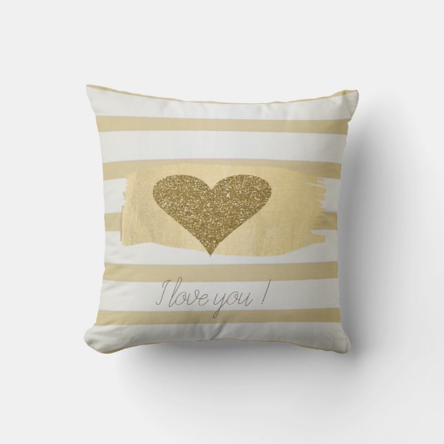 Adorable Gold Glitter Hearts Stripes-I Love You Throw Pillow (Front)