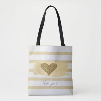 Adorable Gold Glitter Hearts Stripes-I Love You   Tote Bag