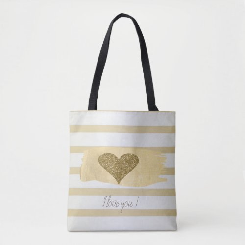 Adorable Gold Glitter Hearts Stripes_I Love You   Tote Bag