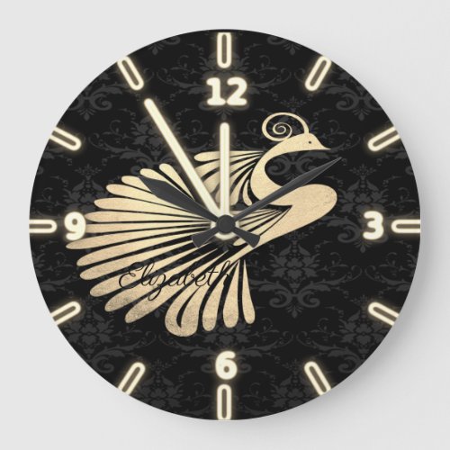 Adorable Gold Peacock Black Damask_ Personalized Large Clock