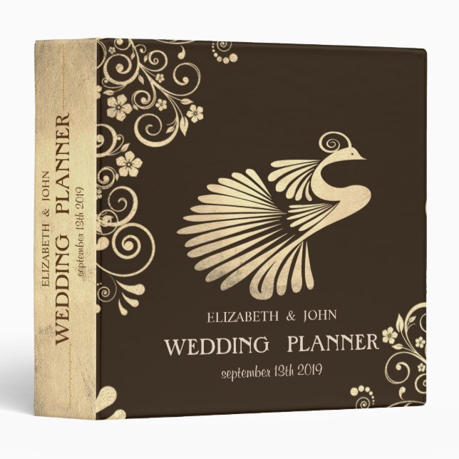 Adorable  Gold Peacock, Flowers Bridal Planner 3 Ring Binder (Front/Spine)