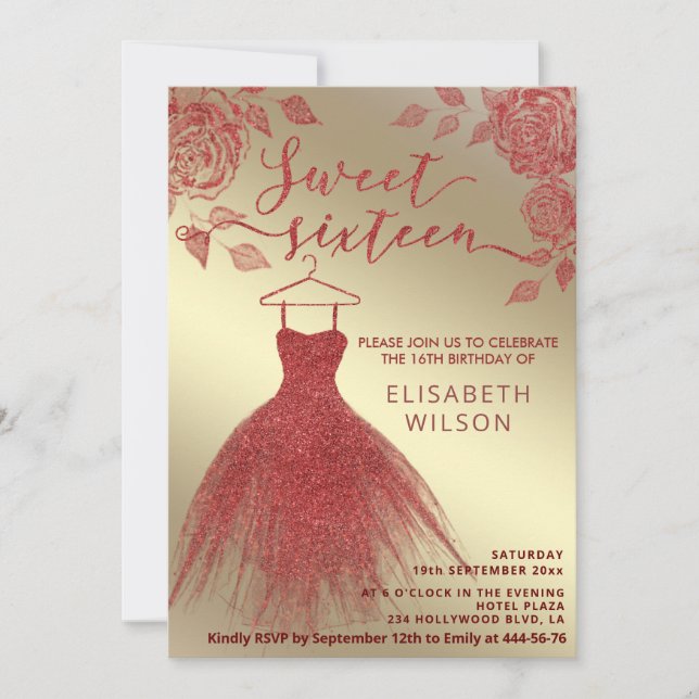 Adorable gold Red roses red glittery dress Invitation (Front)
