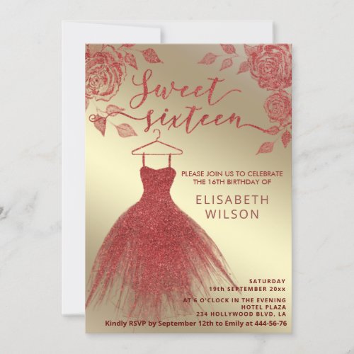 Adorable gold Red roses red glittery dress Invitation